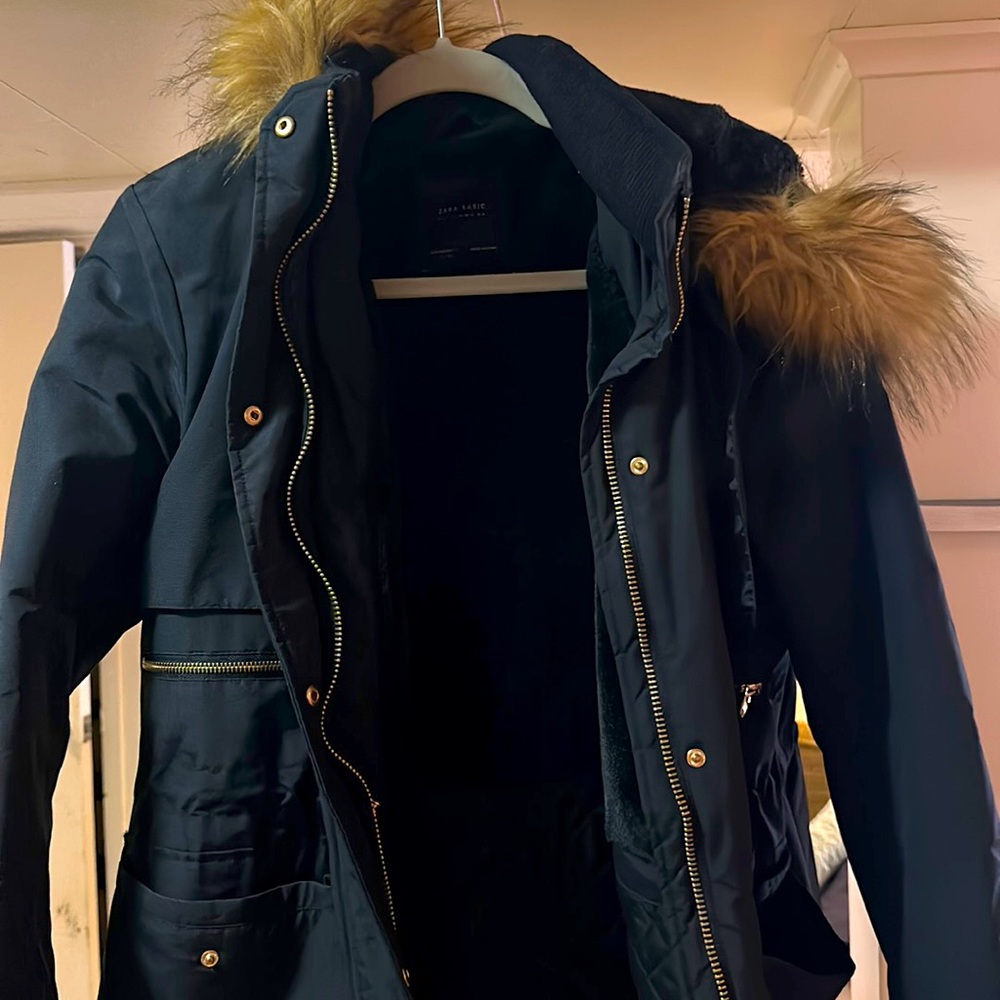 Zara Black Winter Coat Faux Fur Lining